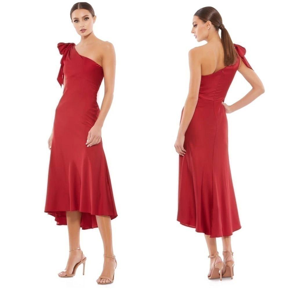 Ieena for Mac Duggal 55387 Satin One Shoulder Midi Dress in Deep Red Size 2